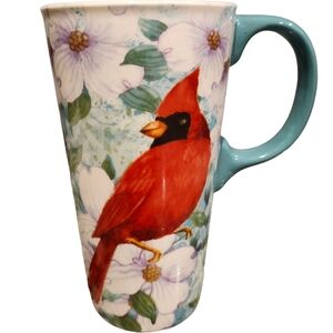 Evergreen Red Cardinal Ceramic Coffee Tea Mug 17 oz Floral Pansies Latte Tall